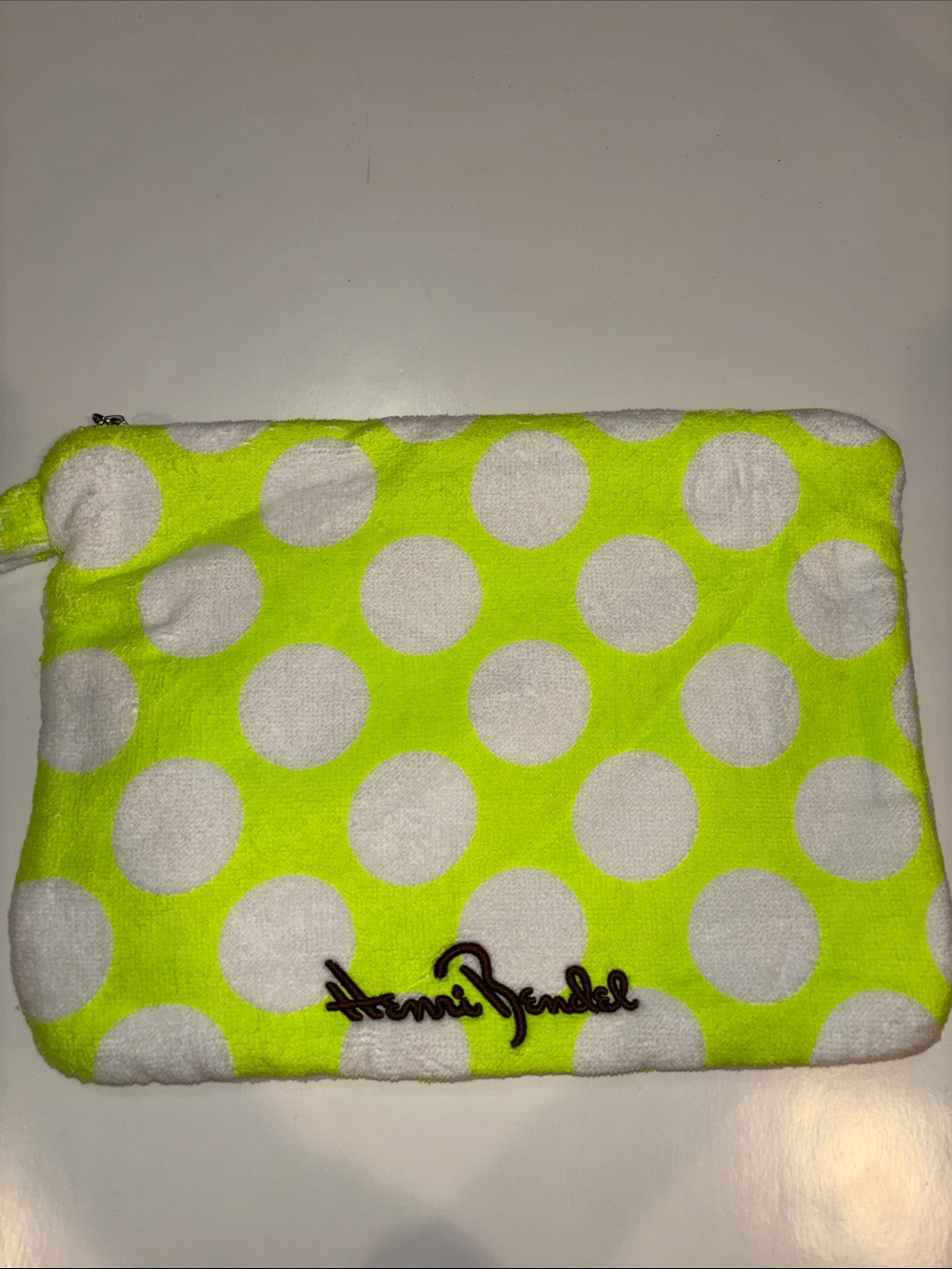 henri bendel Neon Green and White Polka Dot Cosmetic Pouch or bikini bag